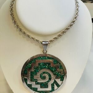 Vintage Taxco Mexico Signed Crushed Turquoise Silver Pendant Necklace